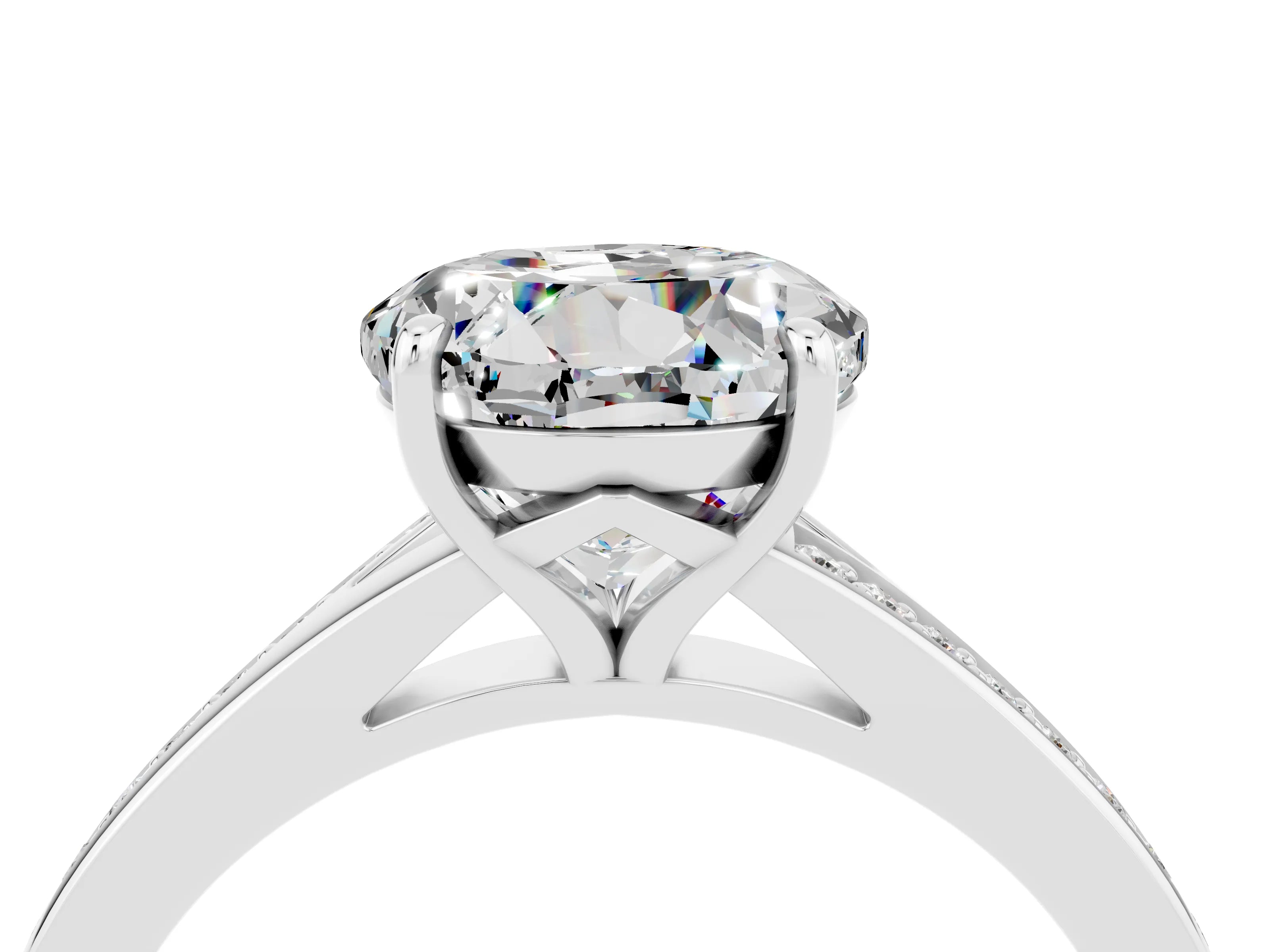 Platinum Round Cut Moissanite Solitaire Ring with Pavé Band and Prong Setting_16