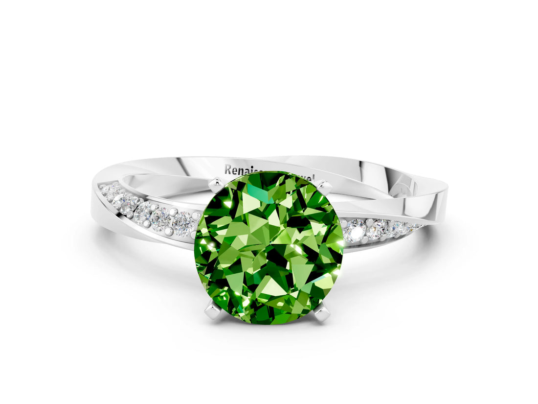 Platinum Round Cut Peridot Engagement Ring with Side Stone Accents and Four-Prong Setting_12