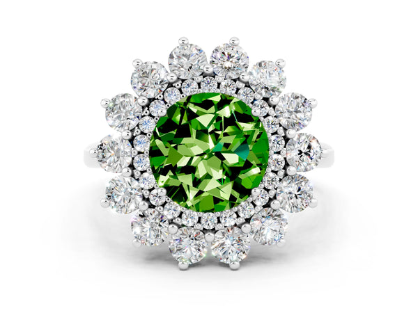 Platinum Round Cut Peridot Floral Double Halo Engagement Ring with Prong Setting