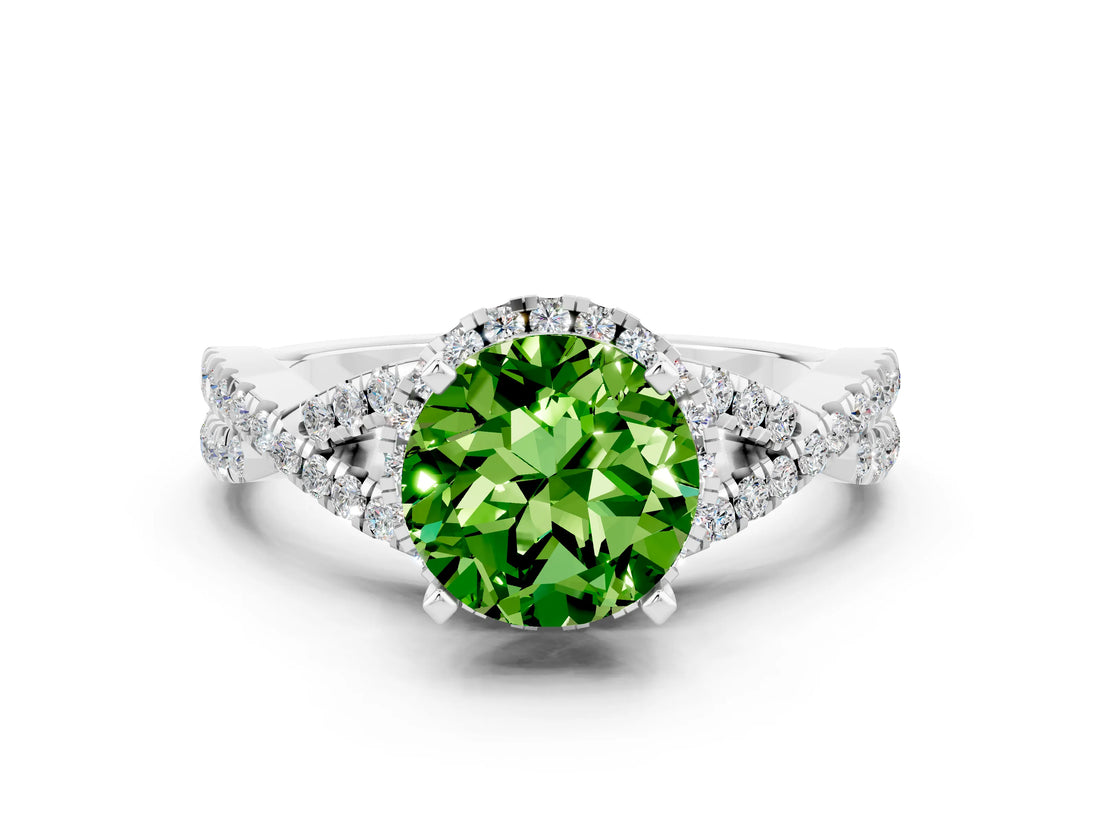 Platinum Round Cut Peridot  Halo Twist Band Solitaire Prong Setting Ring_12