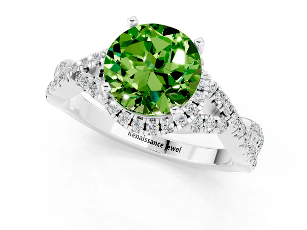 Platinum Round Cut Peridot  Halo Twist Band Solitaire Prong Setting Ring