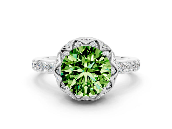 Platinum Round Cut Peridot Scalloped Halo Engagement Ring with Round Shared Prong Band