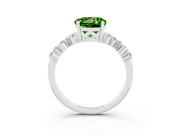 Platinum Round Cut Peridot Scattered Round Accent Ring with Prong Setting