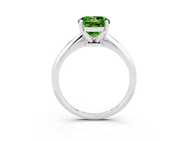 Platinum Round Cut Peridot Solitaire Engagement Ring with Classic Band and Four-Prong Setting
