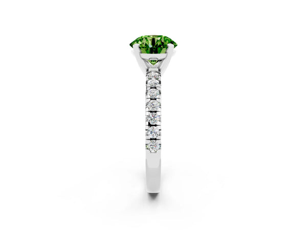 Platinum Round Cut Peridot Solitaire Pavé Engagement Ring with Round Band and Prong Setting