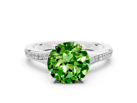 Platinum Round Cut Peridot Solitaire Ring with Pavé Band and Prong Setting_12