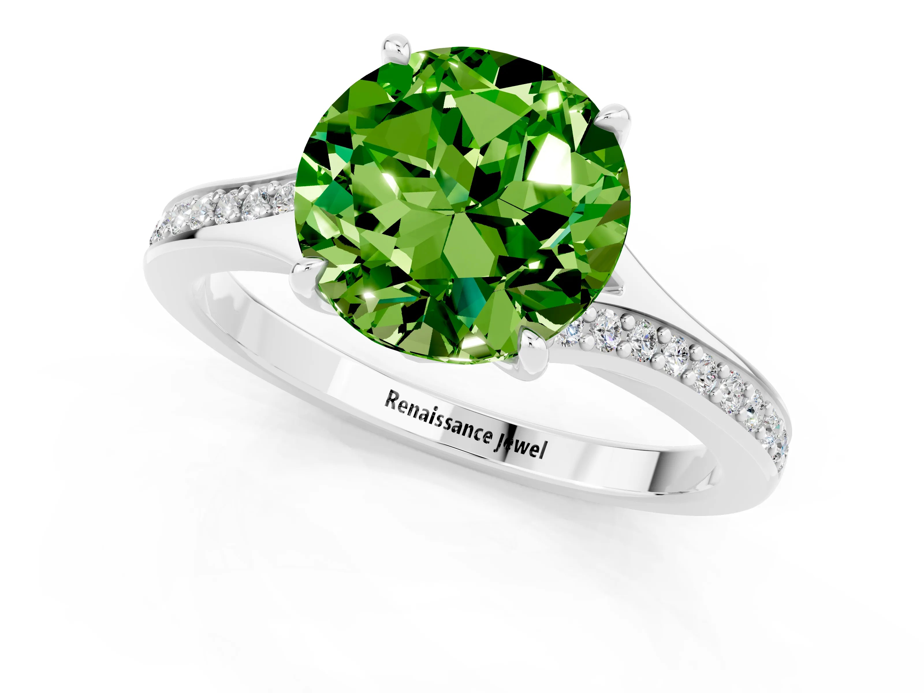 Platinum Round Cut Peridot Solitaire Ring with Pavé Band and Prong Setting_13