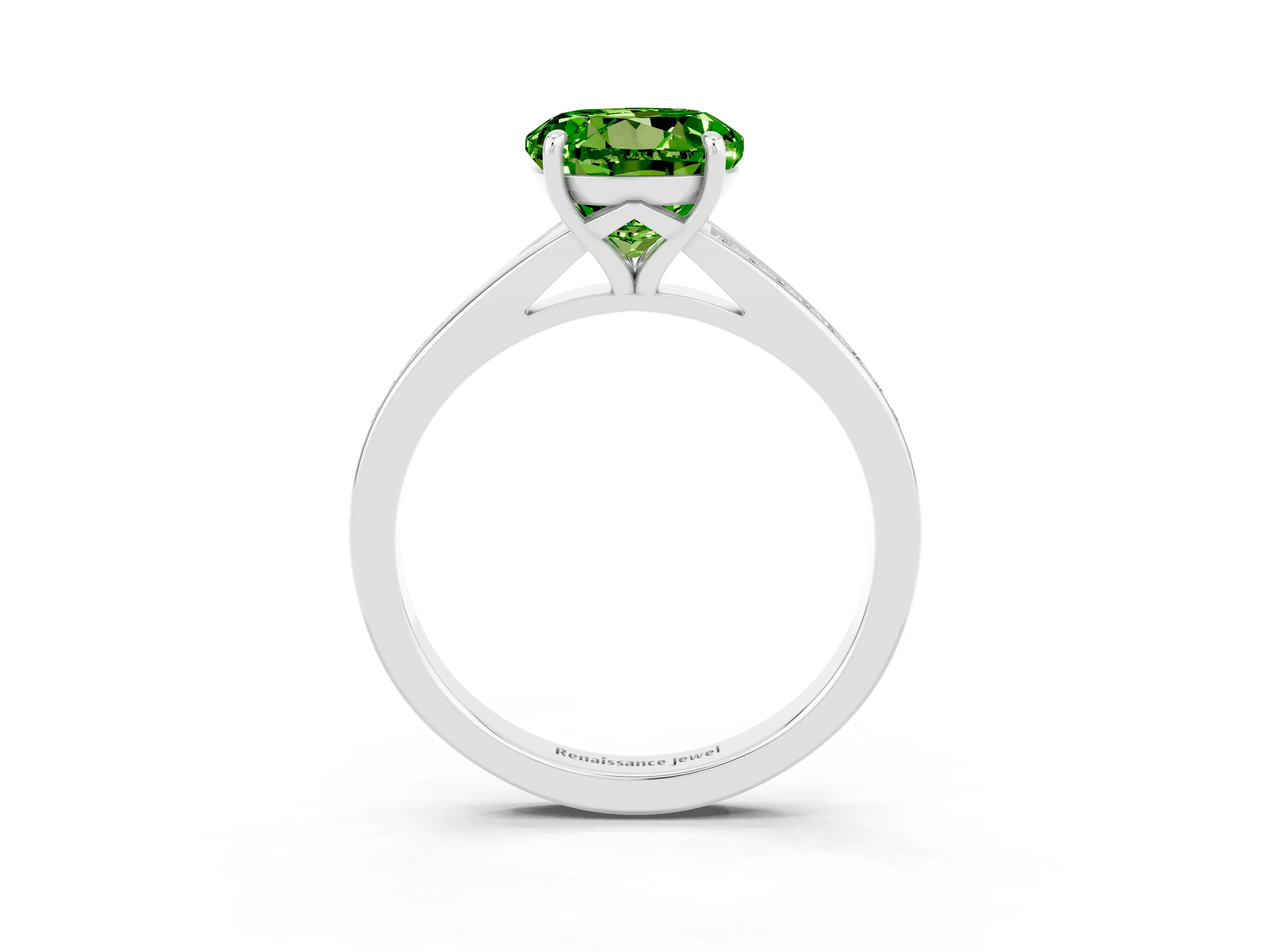 Platinum Round Cut Peridot Solitaire Ring with Pavé Band and Prong Setting_15