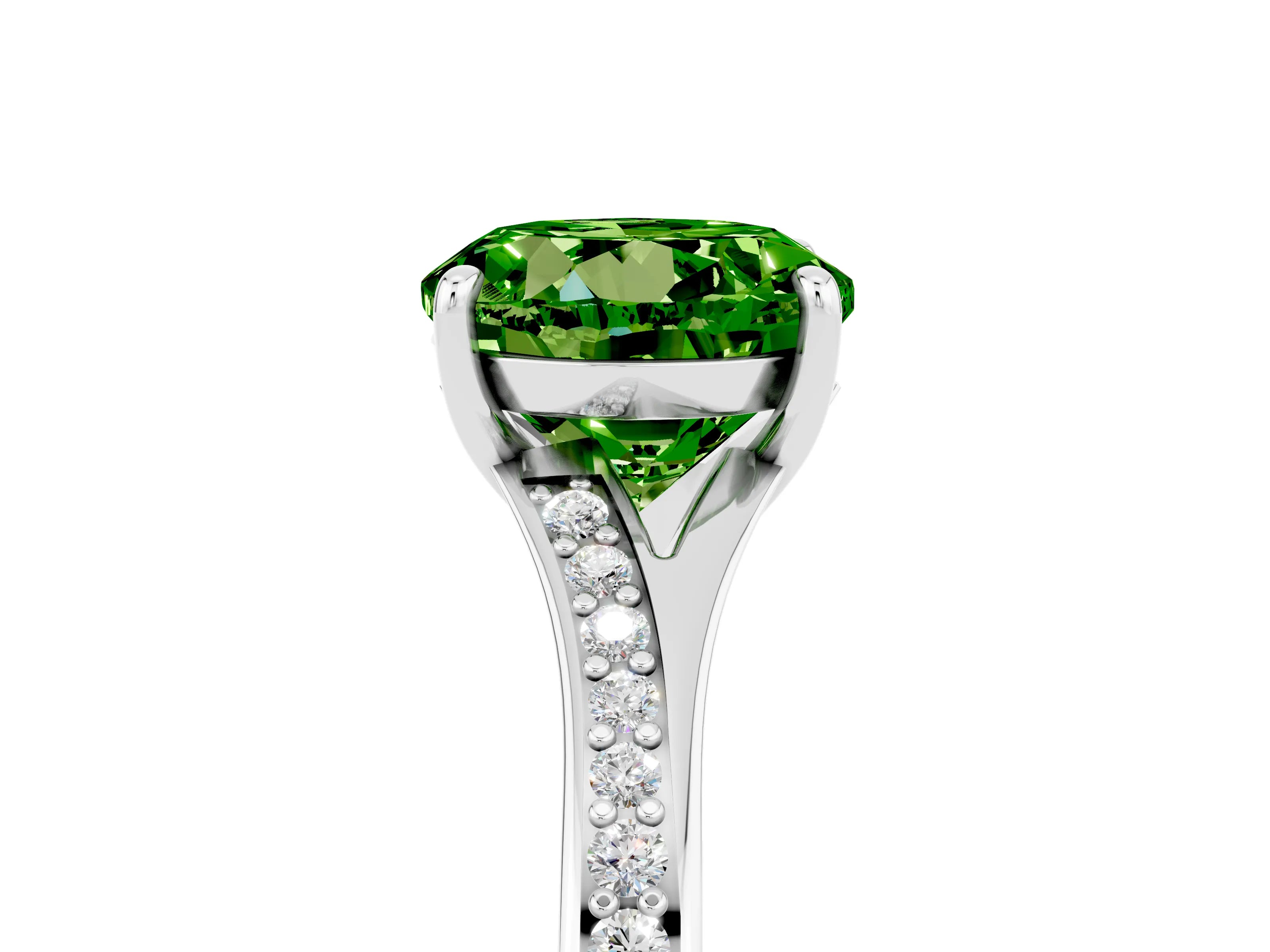 Platinum Round Cut Peridot Solitaire Ring with Pavé Band and Prong Setting_17