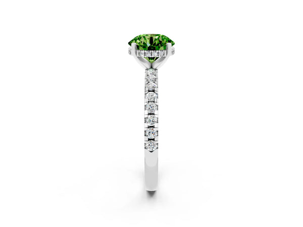 Platinum Round Cut Peridot Solitaire Ring with Round Pavé Band and Four-Prong Setting