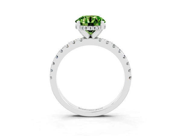 Platinum Round Cut Peridot Solitaire Ring with Round Pavé Band and Four-Prong Setting