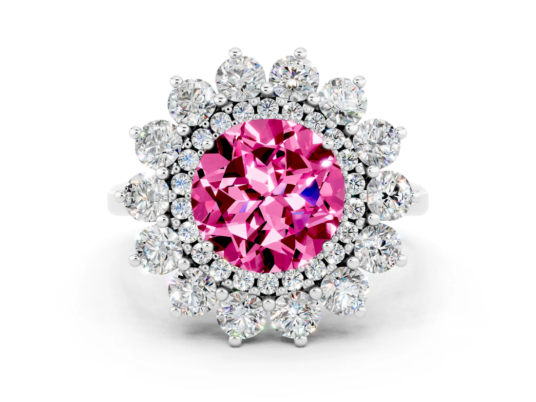Platinum Round Cut Pink Sapphire Floral Double Halo Engagement Ring with Prong Setting_144