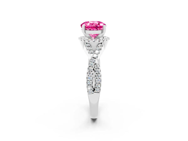 Platinum Round Cut Pink Sapphire  Halo Twist Band Solitaire Prong Setting Ring