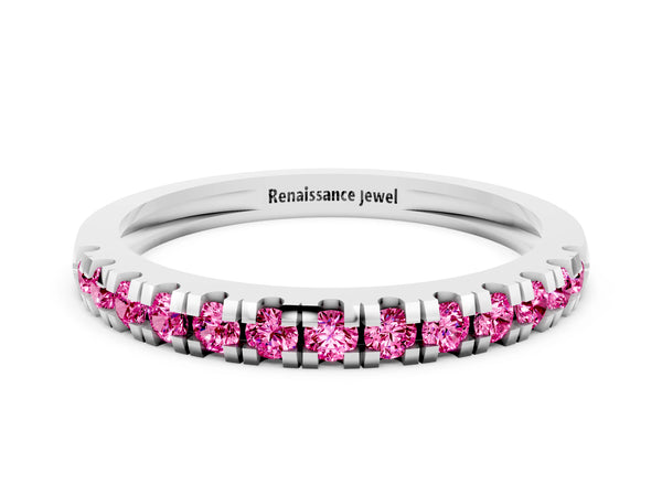 Platinum Round Lab-Grown Pink Sapphire Thin Pave Half Eternity Wedding Band