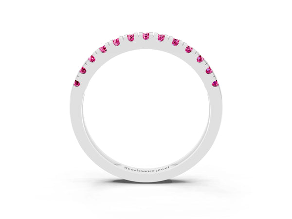 Platinum Round Lab-Grown Pink Sapphire Thin Pave Half Eternity Wedding Band