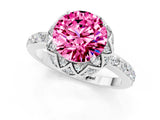 Platinum Round Cut Pink Sapphire Scalloped Halo Engagement Ring with Round Shared Prong Band_85