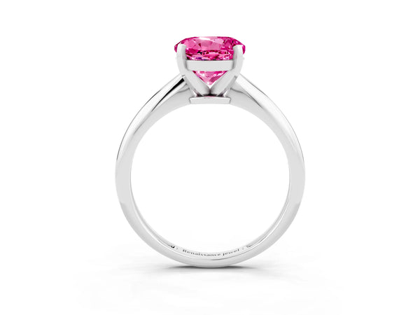 Platinum Round Cut Pink Sapphire Solitaire Engagement Ring with Classic Band and Four-Prong Setting