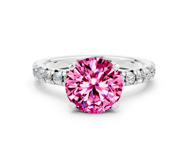 Platinum Round Cut Pink Sapphire Solitaire Pavé Engagement Ring with Round Band and Prong Setting