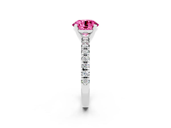Platinum Round Cut Pink Sapphire Solitaire Pavé Engagement Ring with Round Band and Prong Setting