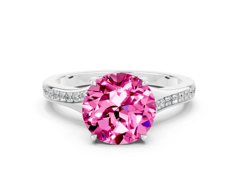 Platinum Round Cut Pink Sapphire Solitaire Ring with Pavé Band and Prong Setting_12