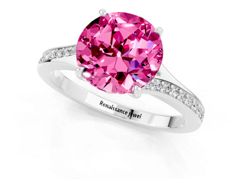 Platinum Round Cut Pink Sapphire Solitaire Ring with Pavé Band and Prong Setting_13