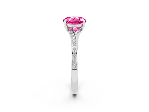 Platinum Round Cut Pink Sapphire Solitaire Ring with Pavé Band and Prong Setting_14