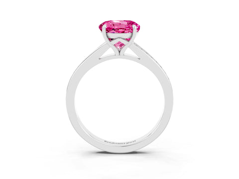 Platinum Round Cut Pink Sapphire Solitaire Ring with Pavé Band and Prong Setting_15