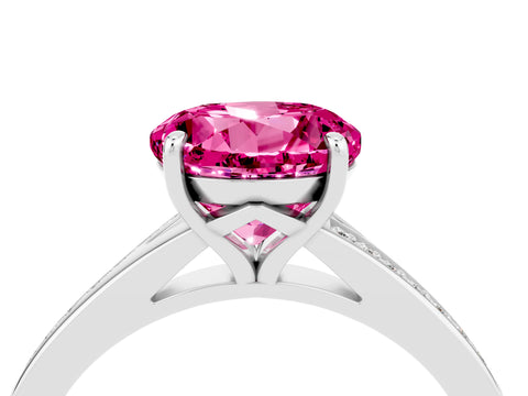 Platinum Round Cut Pink Sapphire Solitaire Ring with Pavé Band and Prong Setting_16