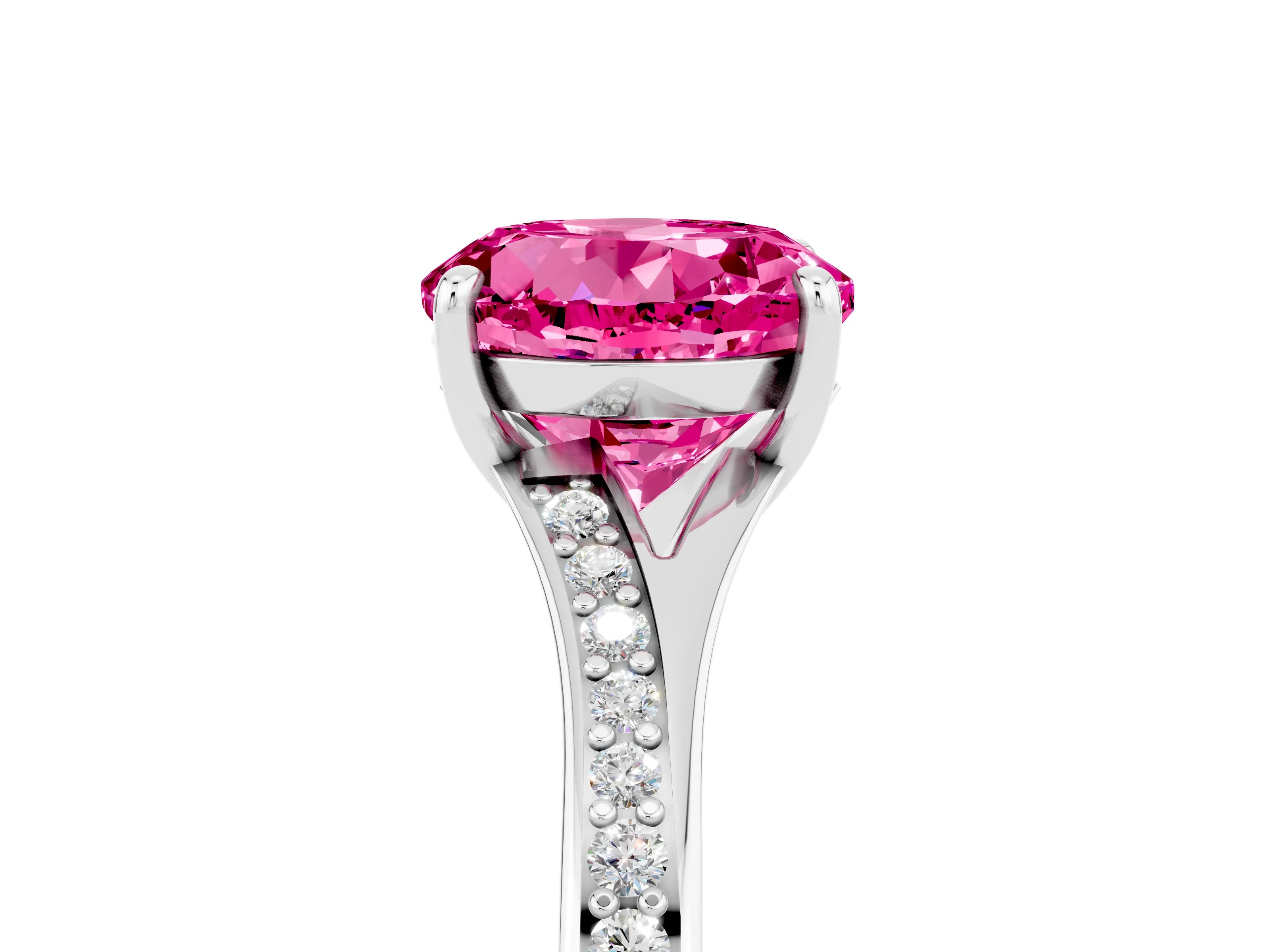 Platinum Round Cut Pink Sapphire Solitaire Ring with Pavé Band and Prong Setting_17