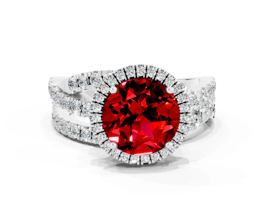 Platinum Round Cut Ruby Halo Ring with Round Split Shank and Prong Setting_66