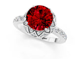 Platinum Round Cut Ruby Scalloped Halo Engagement Ring with Round Shared Prong Band_31