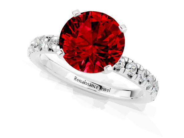 Platinum Round Cut Ruby Solitaire Pavé Engagement Ring with Round Band and Prong Setting