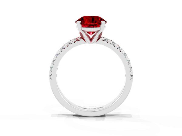 Platinum Round Cut Ruby Solitaire Pavé Engagement Ring with Round Band and Prong Setting