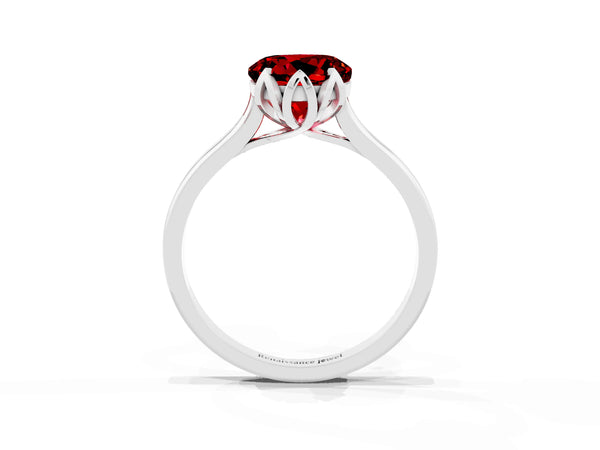 Platinum Round Lab-Grown Ruby Floral Solitaire Engagement Ring with Flower Prong Head and Plain Band