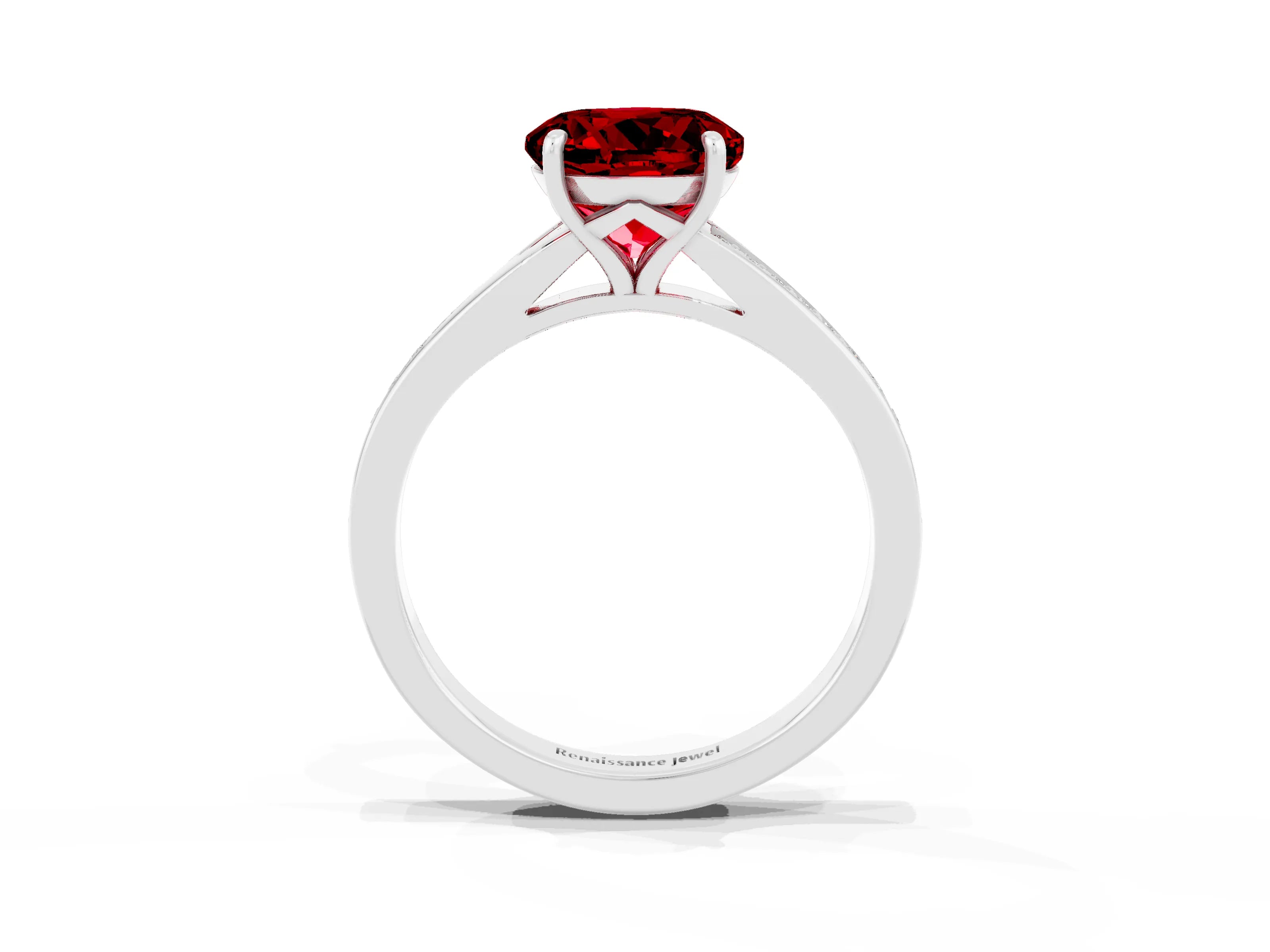Platinum Round Cut Ruby Solitaire Ring with Pavé Band and Prong Setting_15