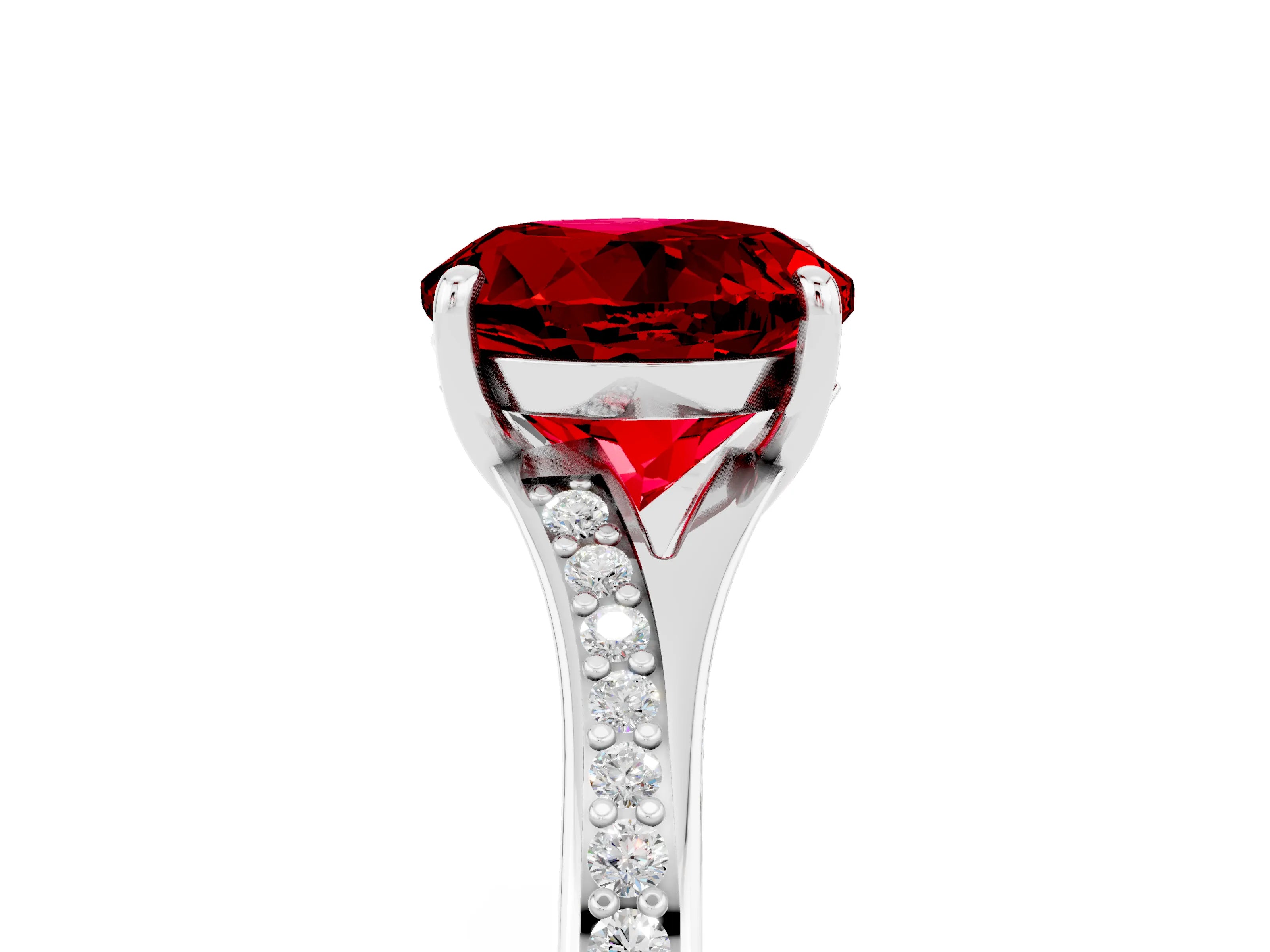Platinum Round Cut Ruby Solitaire Ring with Pavé Band and Prong Setting_17