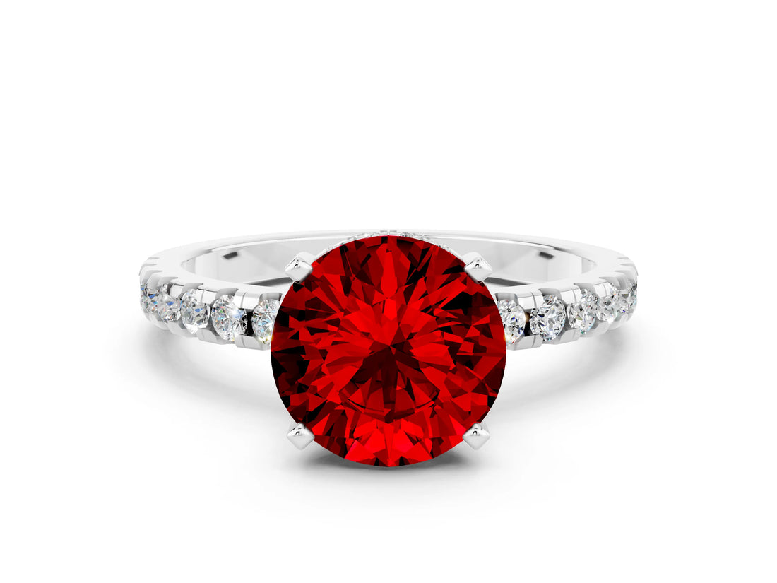 Platinum Round Cut Ruby Solitaire Ring with Round  Pavé Band and Four-Prong Setting_24