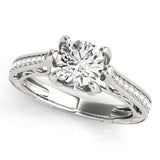 Platinum Round Cut Solitaire Diamond Ring with Pavé Band and Six-Prong Setting 1
