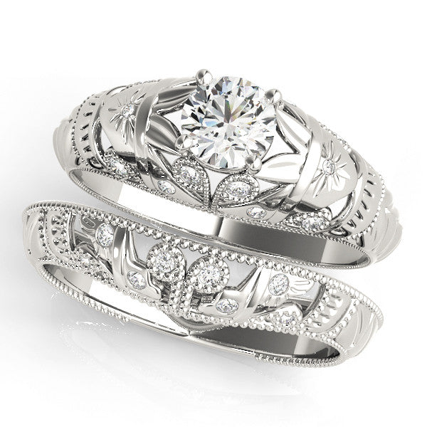 Platinum Round Cut Solitaire Floral Filigree Engagement Ring with Bezel Prong Setting 2