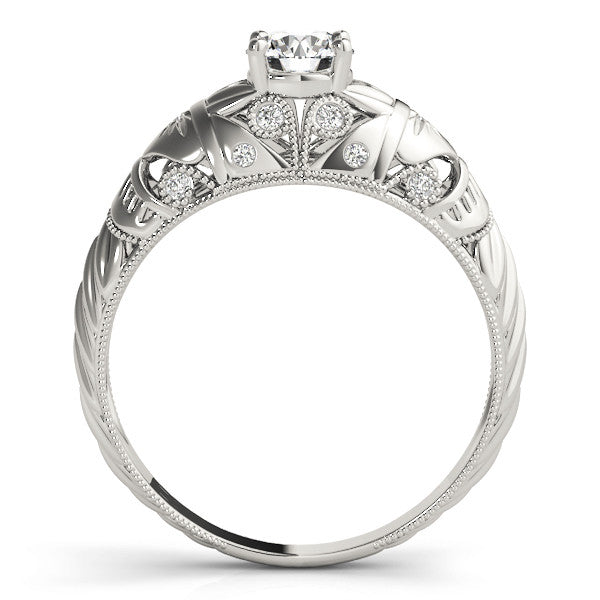 Platinum Round Cut Solitaire Floral Filigree Engagement Ring with Bezel Prong Setting
