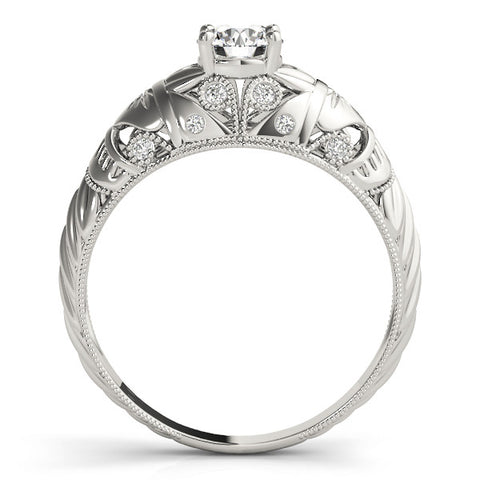 Platinum Round Cut Solitaire Floral Filigree Engagement Ring with Bezel Prong Setting