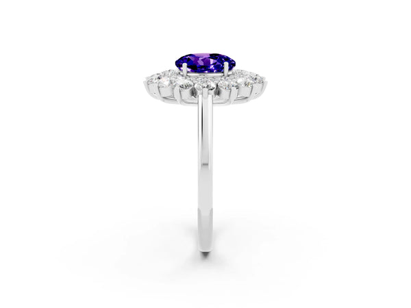 Platinum Round Cut Tanzanite Floral Double Halo Engagement Ring with Prong Setting