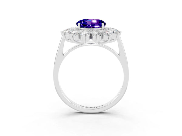 Platinum Round Cut Tanzanite Floral Double Halo Engagement Ring with Prong Setting