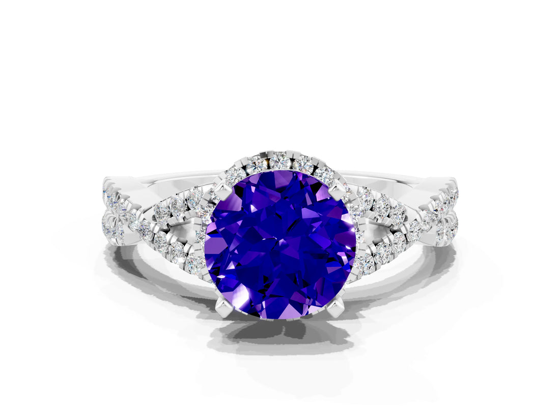 Platinum Round Cut Tanzanite  Halo Twist Band Solitaire Prong Setting Ring_12