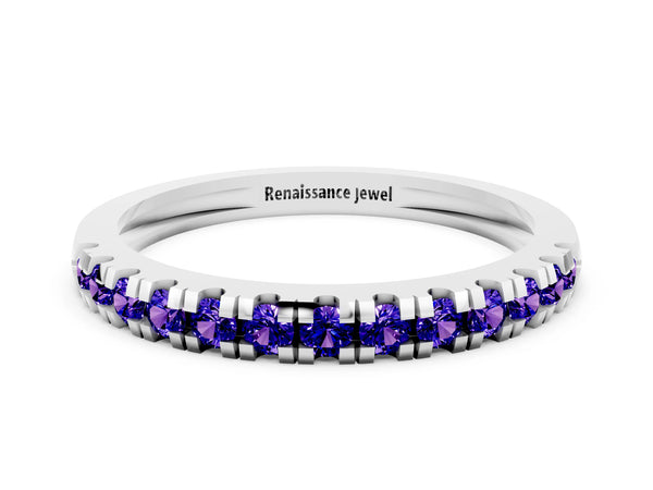 Platinum Round Tanzanite Thin Pave Half Eternity Wedding Band