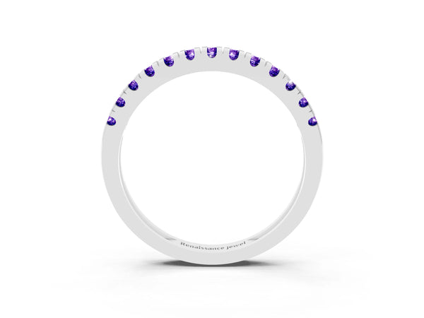 Platinum Round Tanzanite Thin Pave Half Eternity Wedding Band
