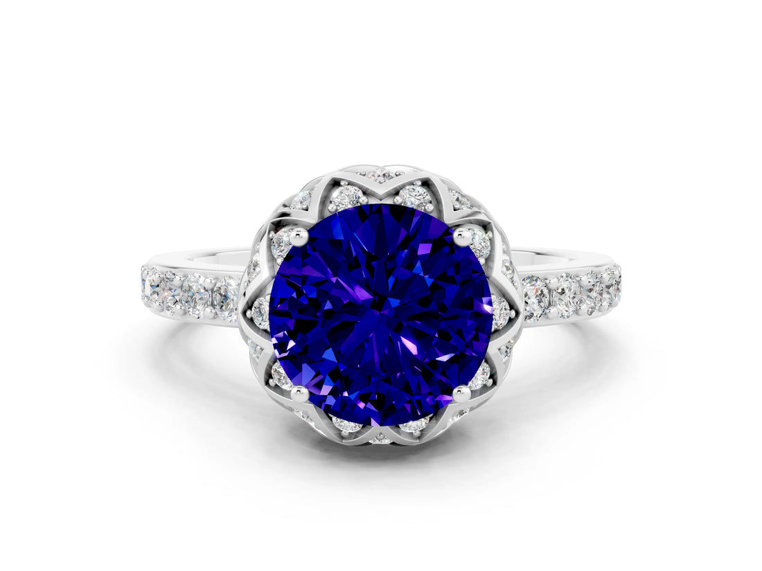 Platinum Round Cut Tanzanite Scalloped Halo Engagement Ring with Round Shared Prong Band_30