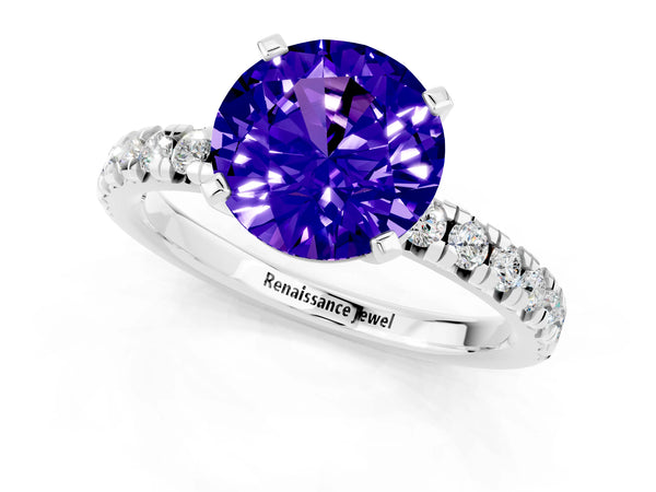 Platinum Round Cut Tanzanite Solitaire Pavé Engagement Ring with Round Band and Prong Setting