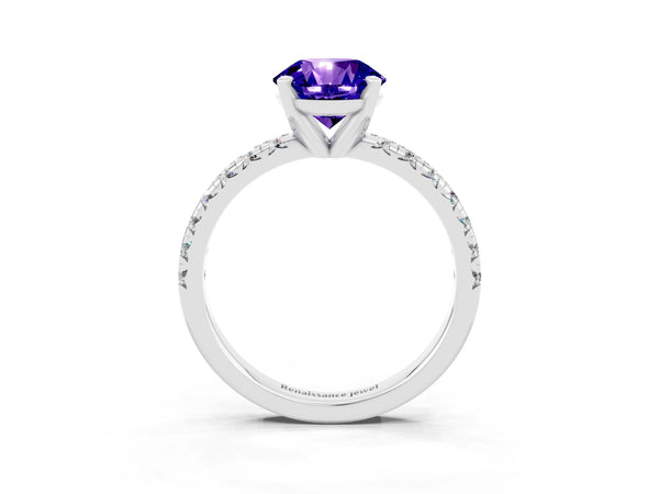 Platinum Round Cut Tanzanite Solitaire Pavé Engagement Ring with Round Band and Prong Setting