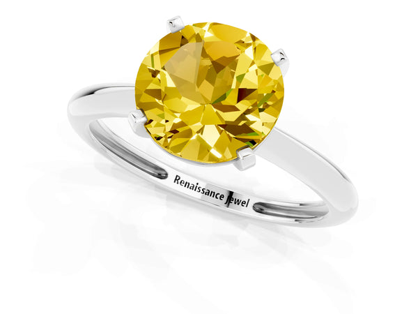 Platinum Round Cut Yellow Sapphire Solitaire Engagement Ring with Classic Band and Four-Prong Setting
